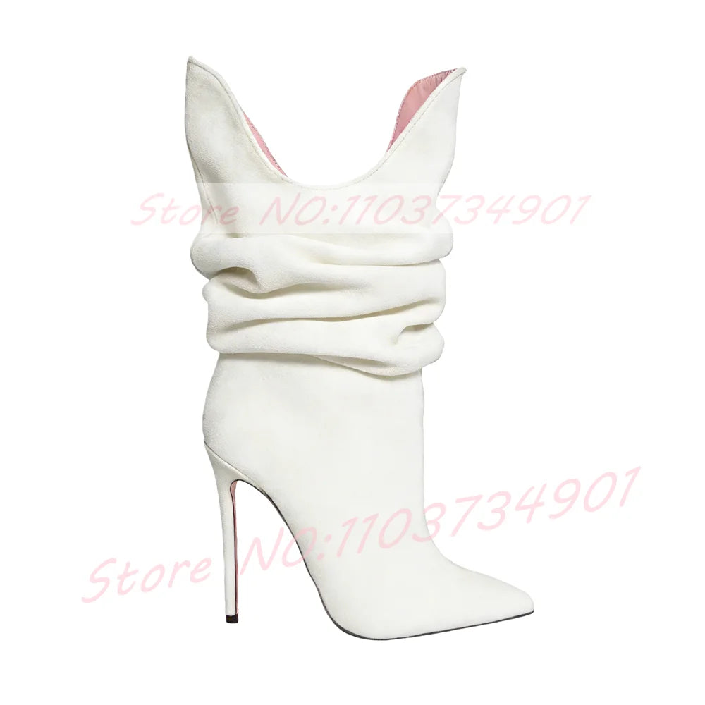 Fuchsia Pleated Pointy Toe High Heel Suede Ankle Boots For Women