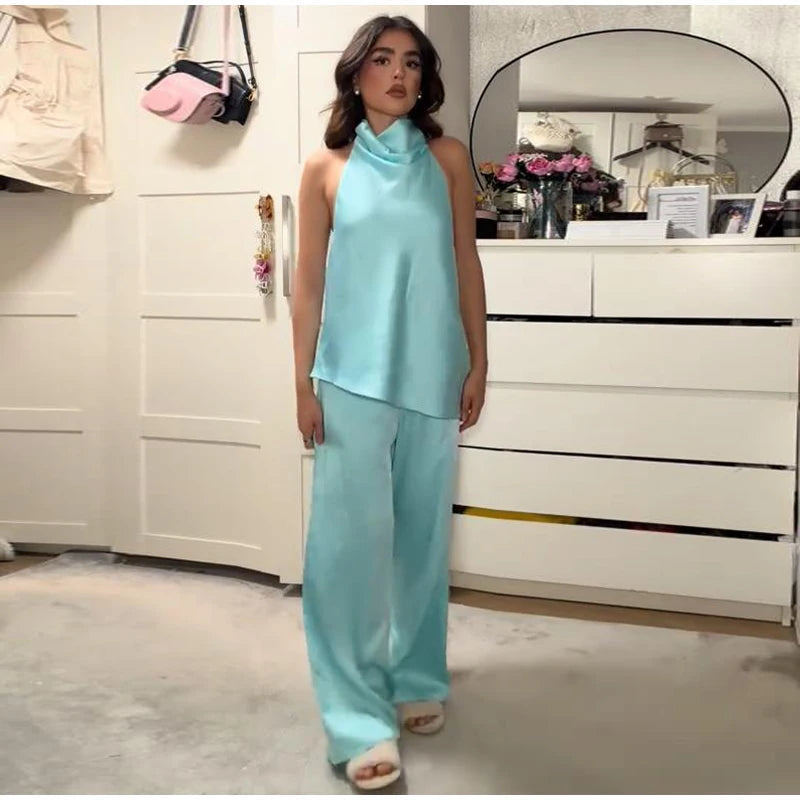 Turquoise Satin Cowl Neck Halter Top And Wide Leg Pants 2 Piece Set For Women
