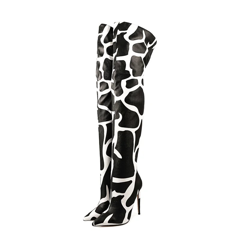 Giraffe Print Pointed Toe Over-The-Knee Boots for Women