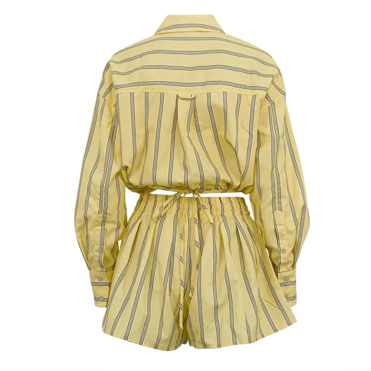 Long Sleeve Crop Top Striped Two Piece Shorts Set for Women