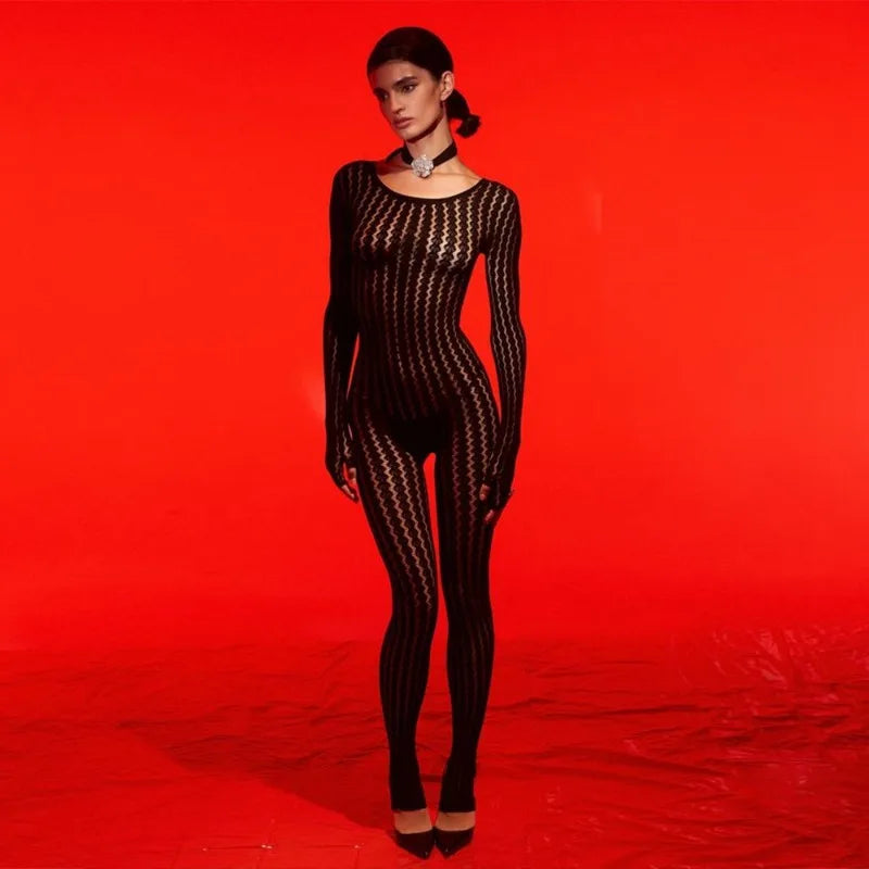 BOOFEENAA See Through Seamless Striped Jacquard One Piece Long Sleeve Jumpsuit Sexy All Black Outfits for Woman Baddie C92-DZ18