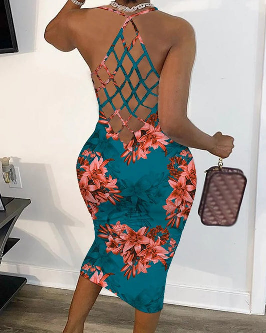 Sexy Women Summer Floral Print Fishnet Backless Bodycon Dress 	U-Neck Slim Fit Spaghetti Strap Midi Blue Dress Vacation Vestido