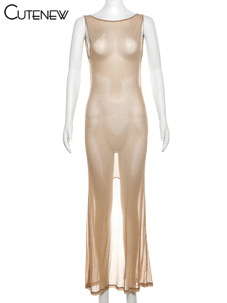 Beach Ready Backless Shiny Body-Shaping Maxi Dress for Women