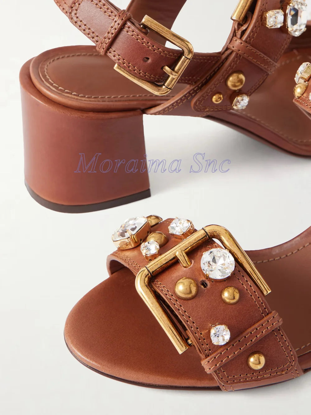 Crystal Embellished Gold Buckle Chunky Heel Sandals For Women