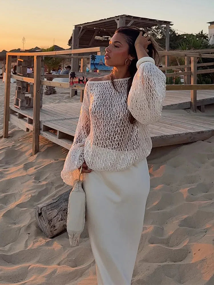 White Hollow Crochet Off Shoulder Long Sleeve Top For Women