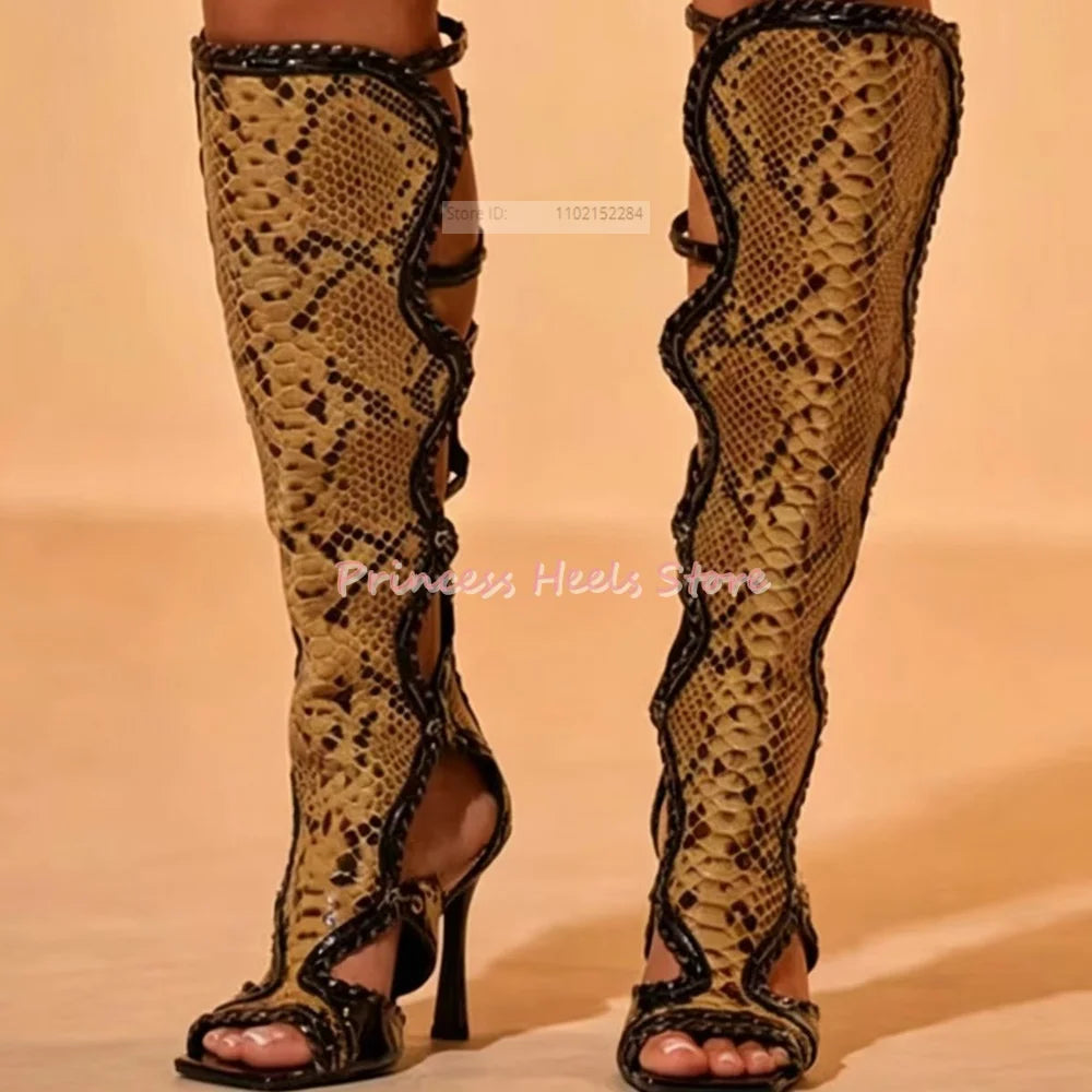 Open Toe Snake Print Rhinestone Gladiator Boots for Women