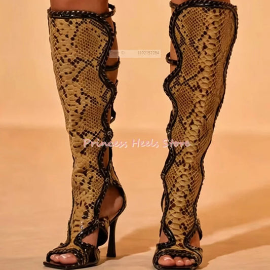 Rhinestone Open Toe Snake Print Heels