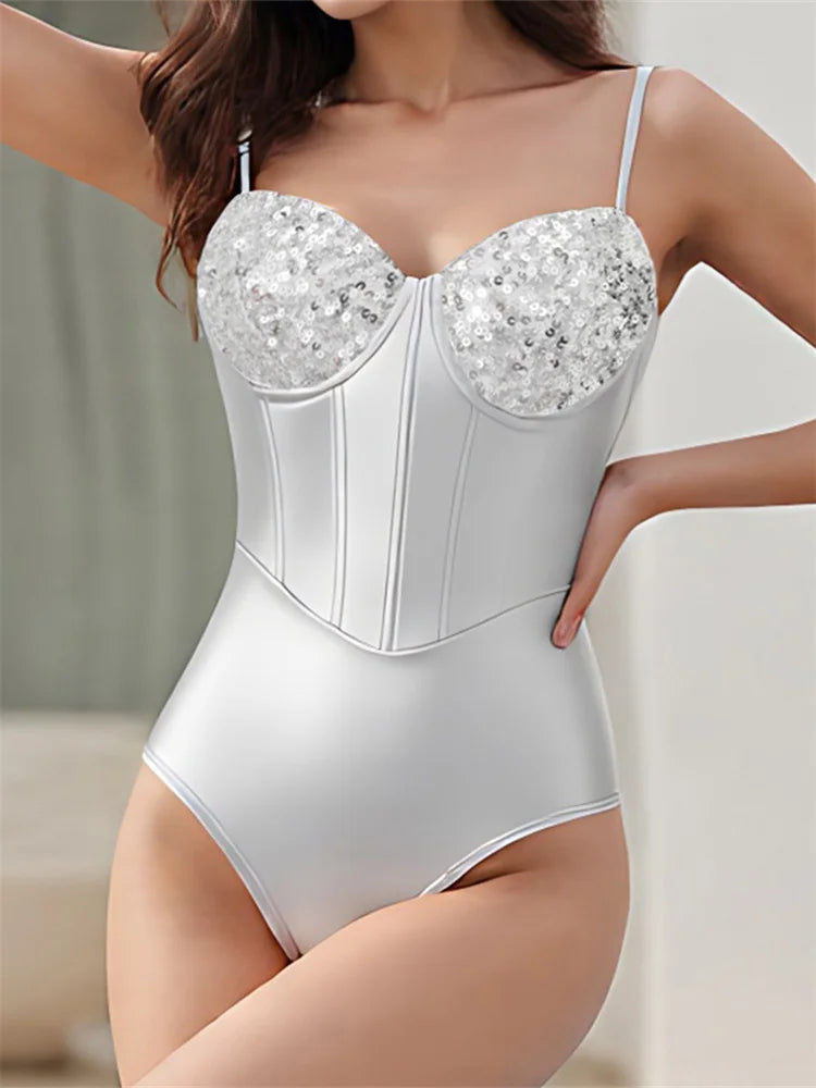 Slim Sparkly Sequin Spaghetti Strap Bodysuit for Women