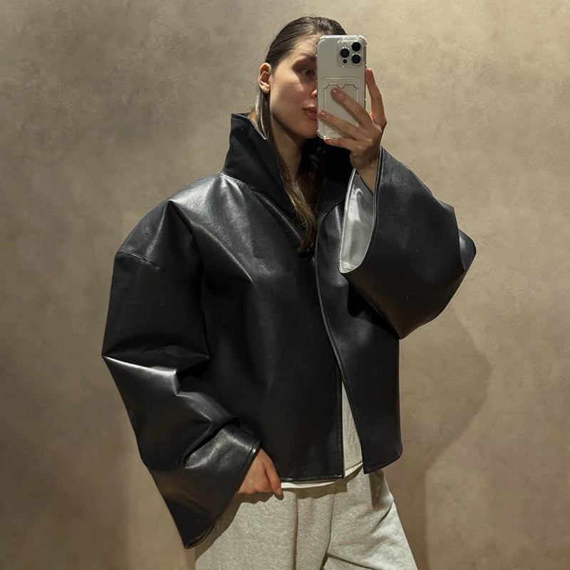 Vintage Cinched Waist Zipper Faux Leather Jacket for Women