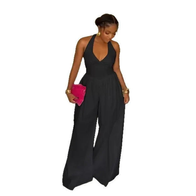 Elegant V-Neck Halter Solid Wide-Leg Jumpsuit for Women