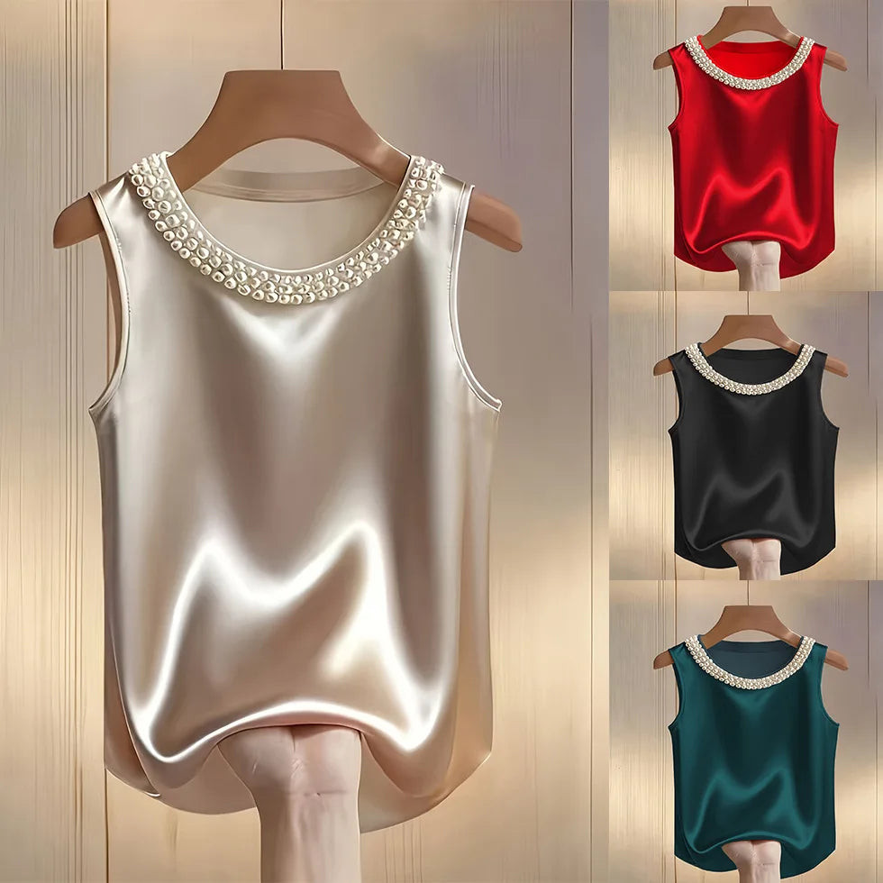 Loose Satin Beaded Pearl Decor Sleeveless Tank Top for Women