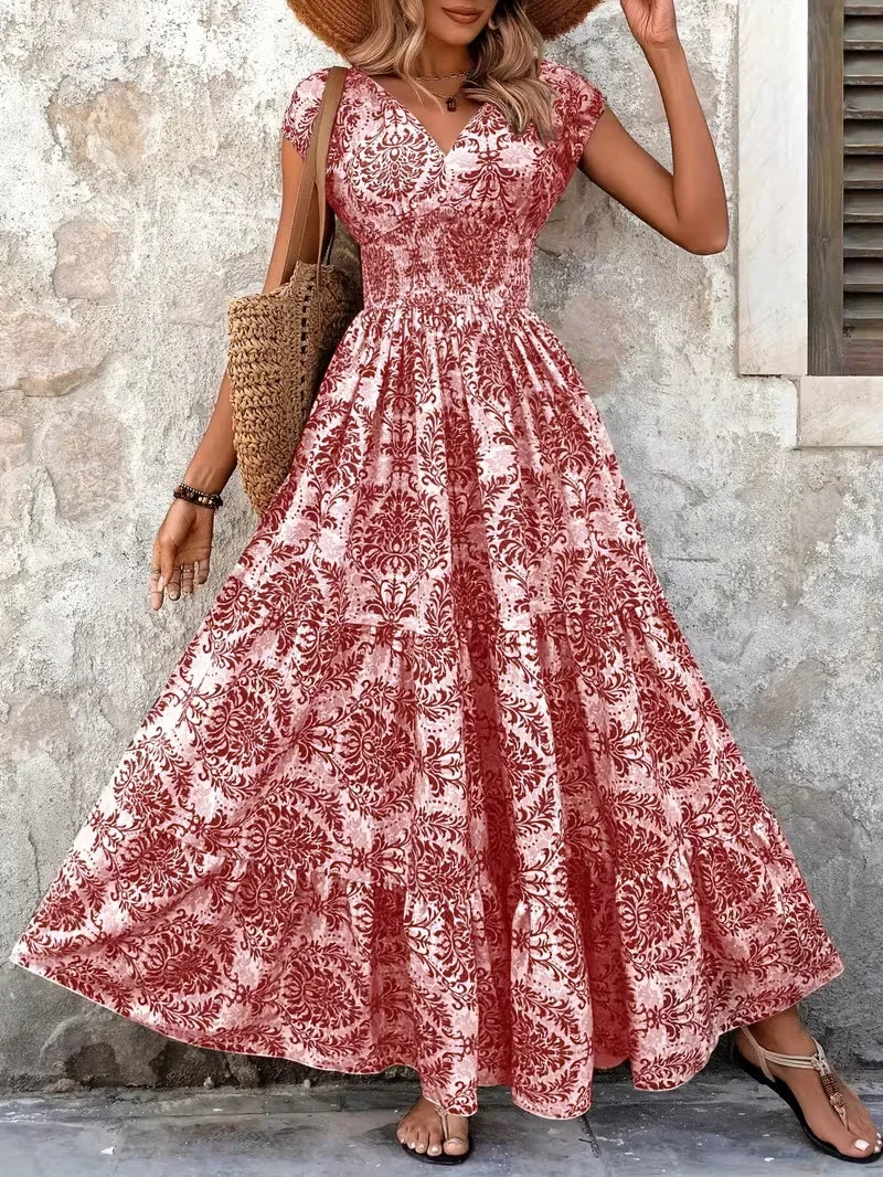 Bohemian Floral Printed V Neck Midi Dress For Women