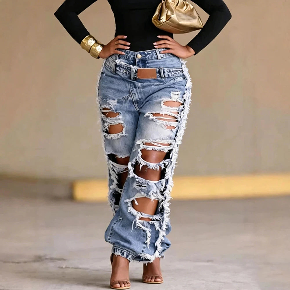 Heavy Ripped Wide Leg Distressed Denim Jeans for Women