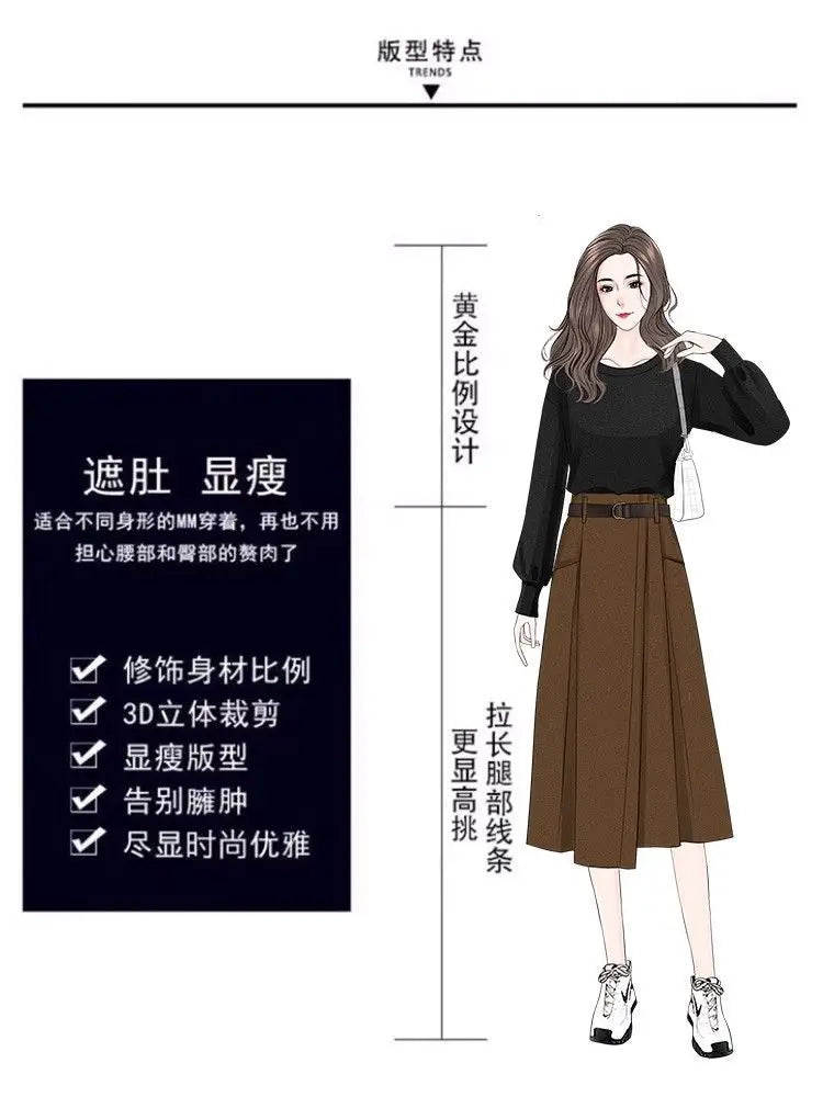 High Waisted Black Wool Midi Skirt With Pockets for Women
