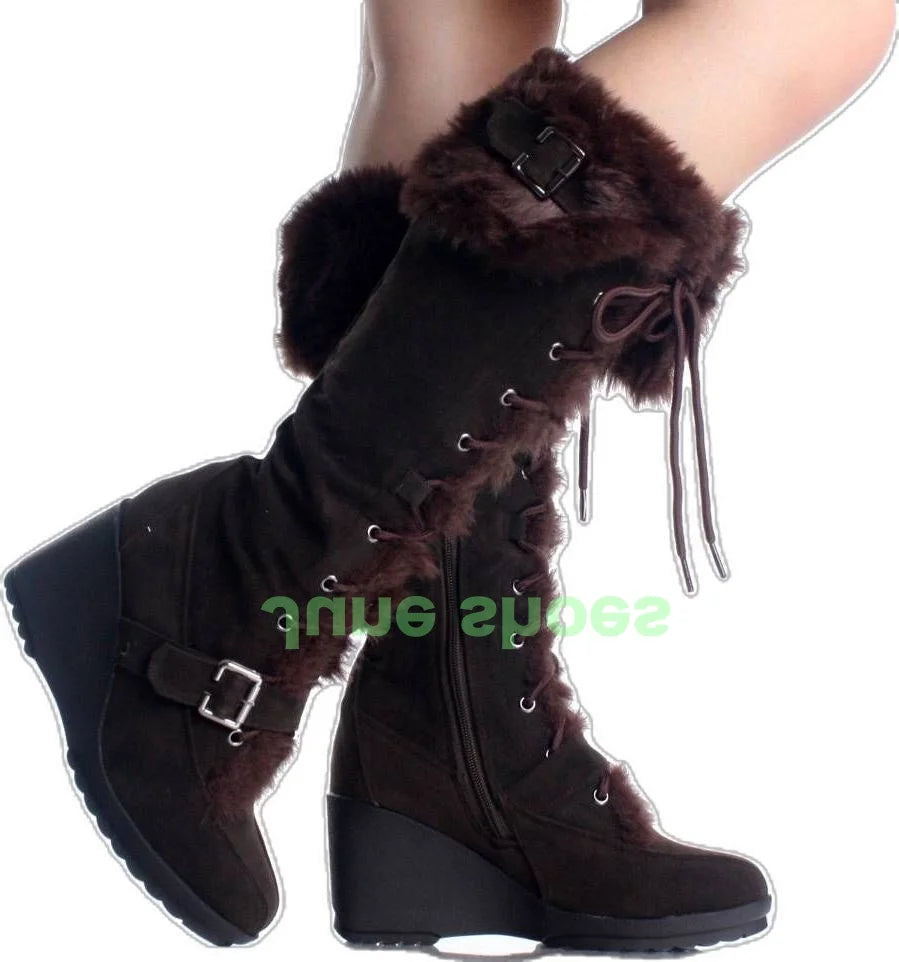 Fur Lined Lace Up Wedge Heel Knee High Boots for Women