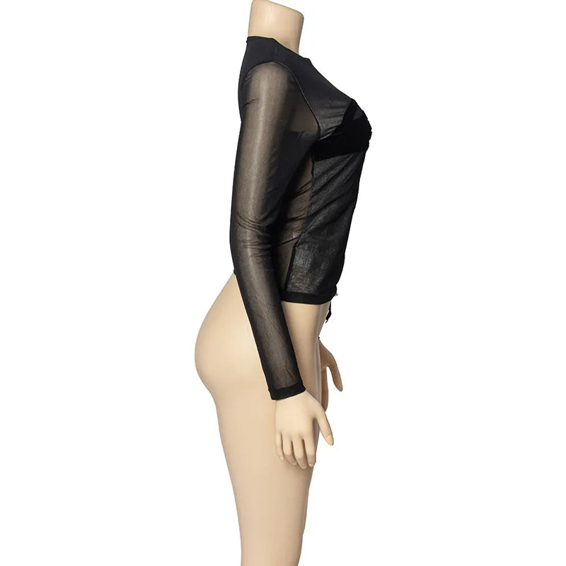 Velvet Patchwork See Through Mesh Long Sleeve Top for Women