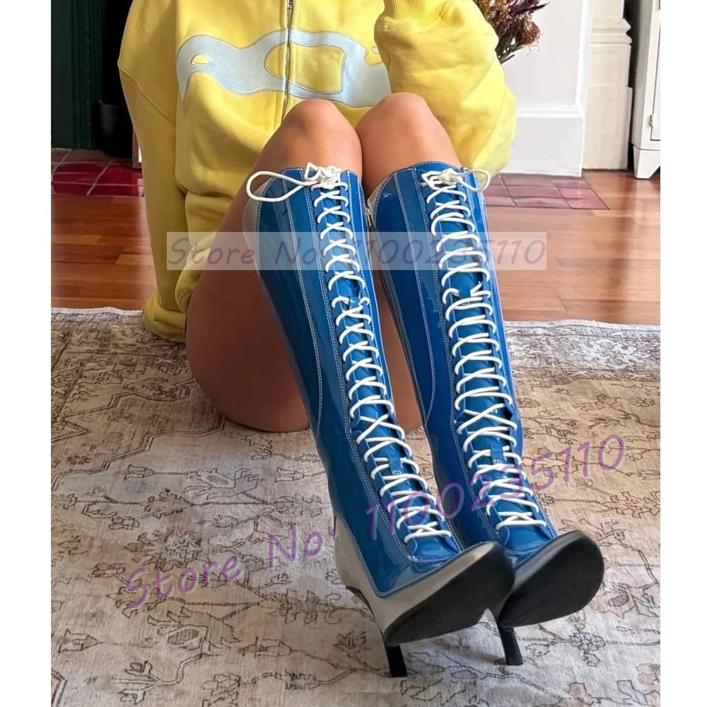 Blue Patent Leather Pointy Toe Knee High Boots for Women