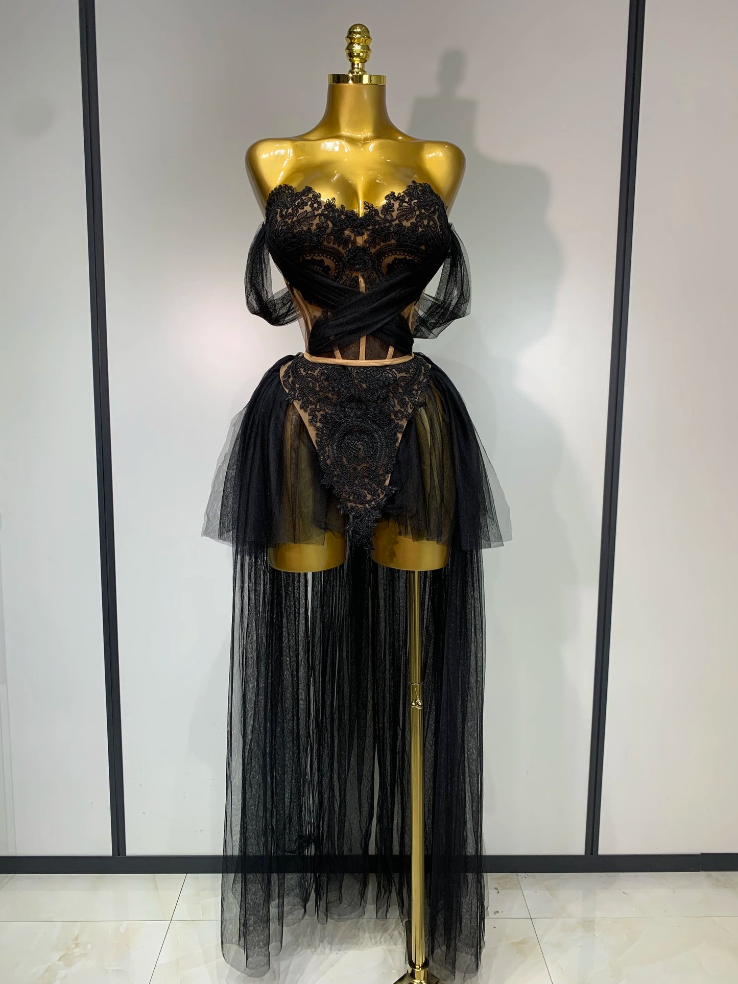 2025 New Arrived Sexy Cute Mesh Tops Skirt 2 PCS Set Women Celebrate Party Birthday Nightclub Performance Stage Show Outfit