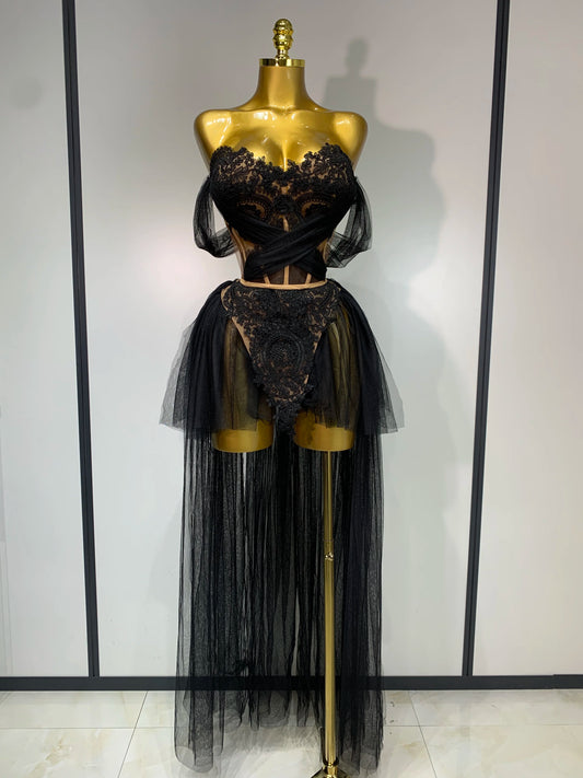 2025 New Arrived Sexy Cute Mesh Tops Skirt 2 PCS Set Women Celebrate Party Birthday Nightclub Performance Stage Show Outfit