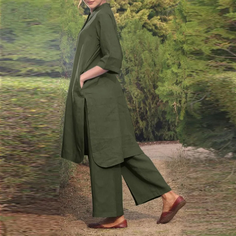 V Neck Shirt and Straight Pants Two Piece Set for Women
