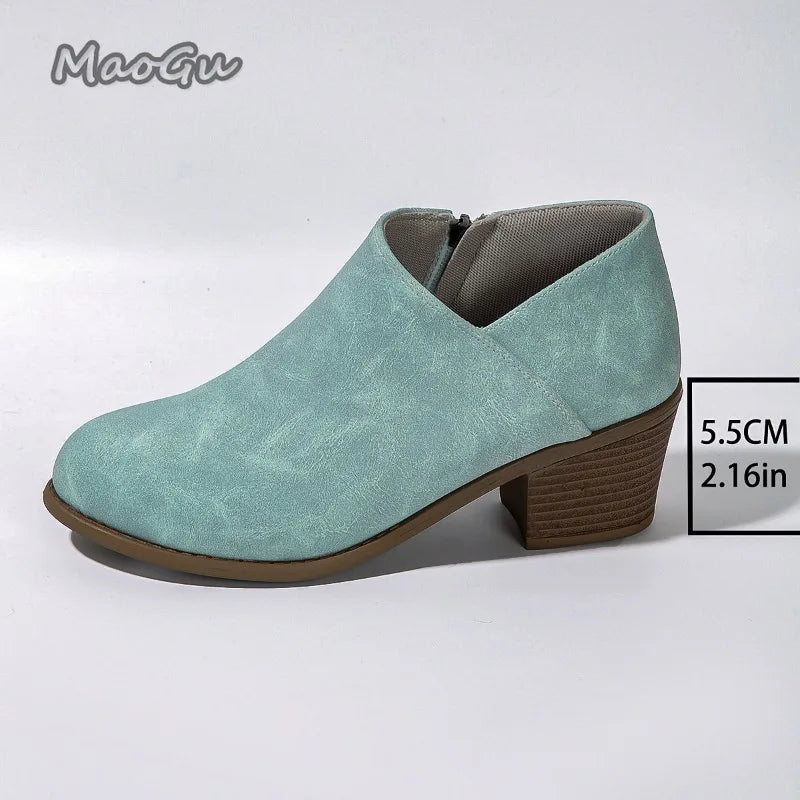Elegant Suede Side Zipper Square Heel Ankle Boots for Women