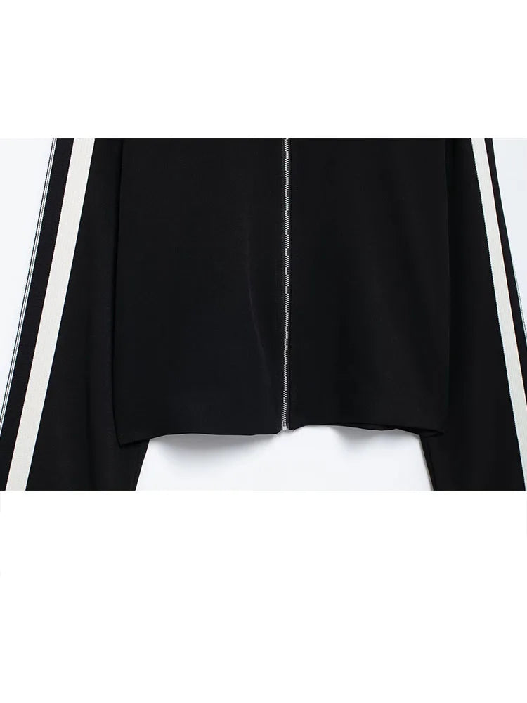 Lapel Long Sleeve Zipper Sports Jacket Two Piece Wide Leg Pants Set for Women