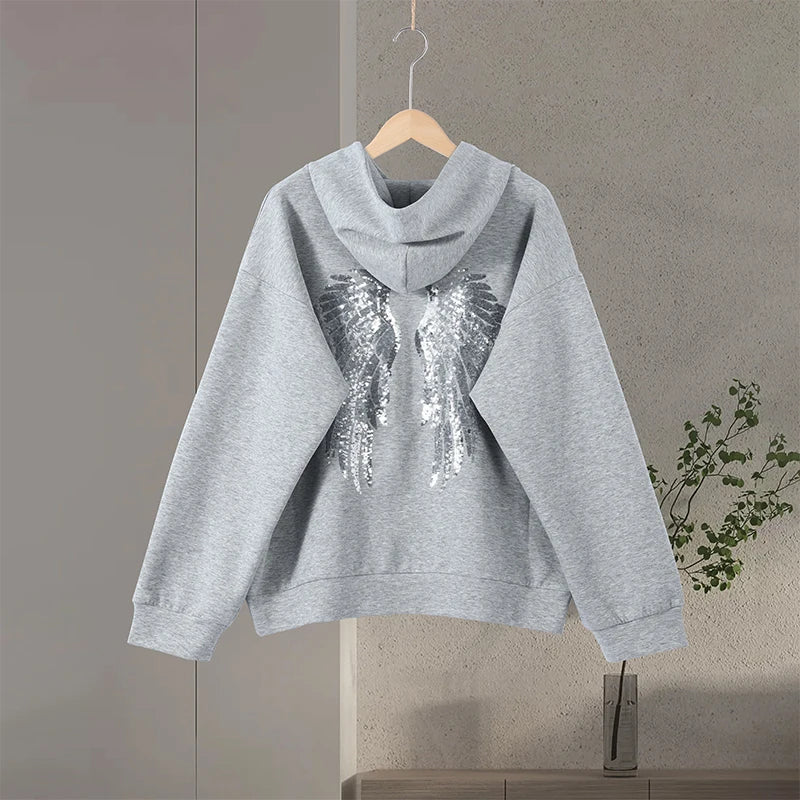 Sequin Wing Design Hooded Sweatshirt Pants Set For Women