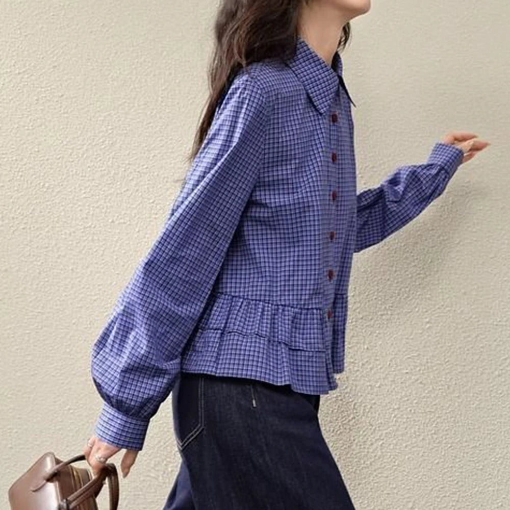 Blue Checkered Ruffle Trim Blouse With Turn Down Collar for Women
