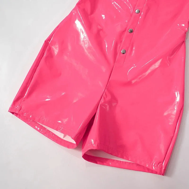 Sexy Polyurethane Leather Jumpsuit With Front Zip for Women