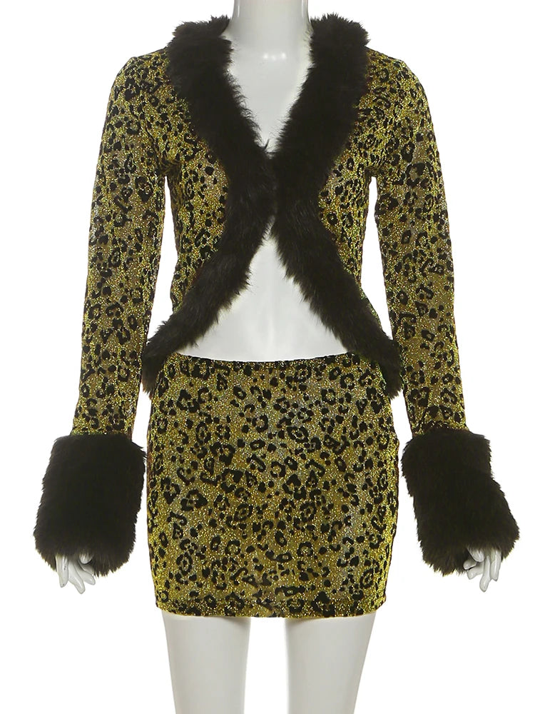 Cutenew Women 2 Piece Set Wild Fur Glitter Fluff Patchwork Cardigan Tops+Peach Hip Skirts Midnight Matching Hipster Clubwear