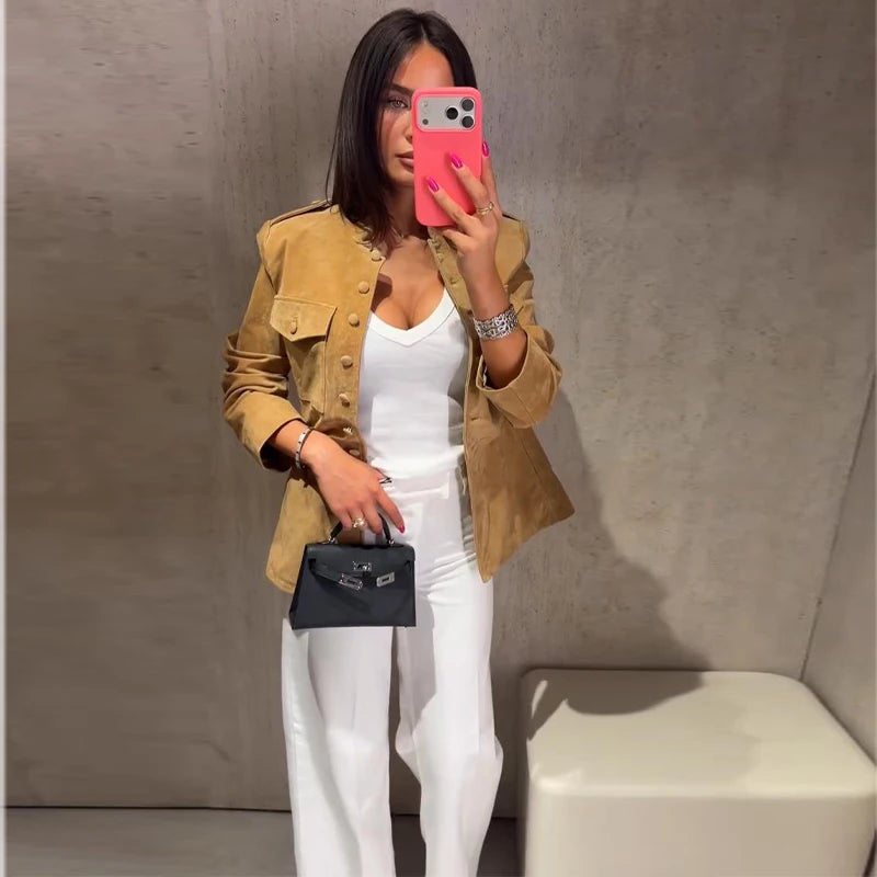 Vintage Stand Collar Single Breasted Military Coat For Women