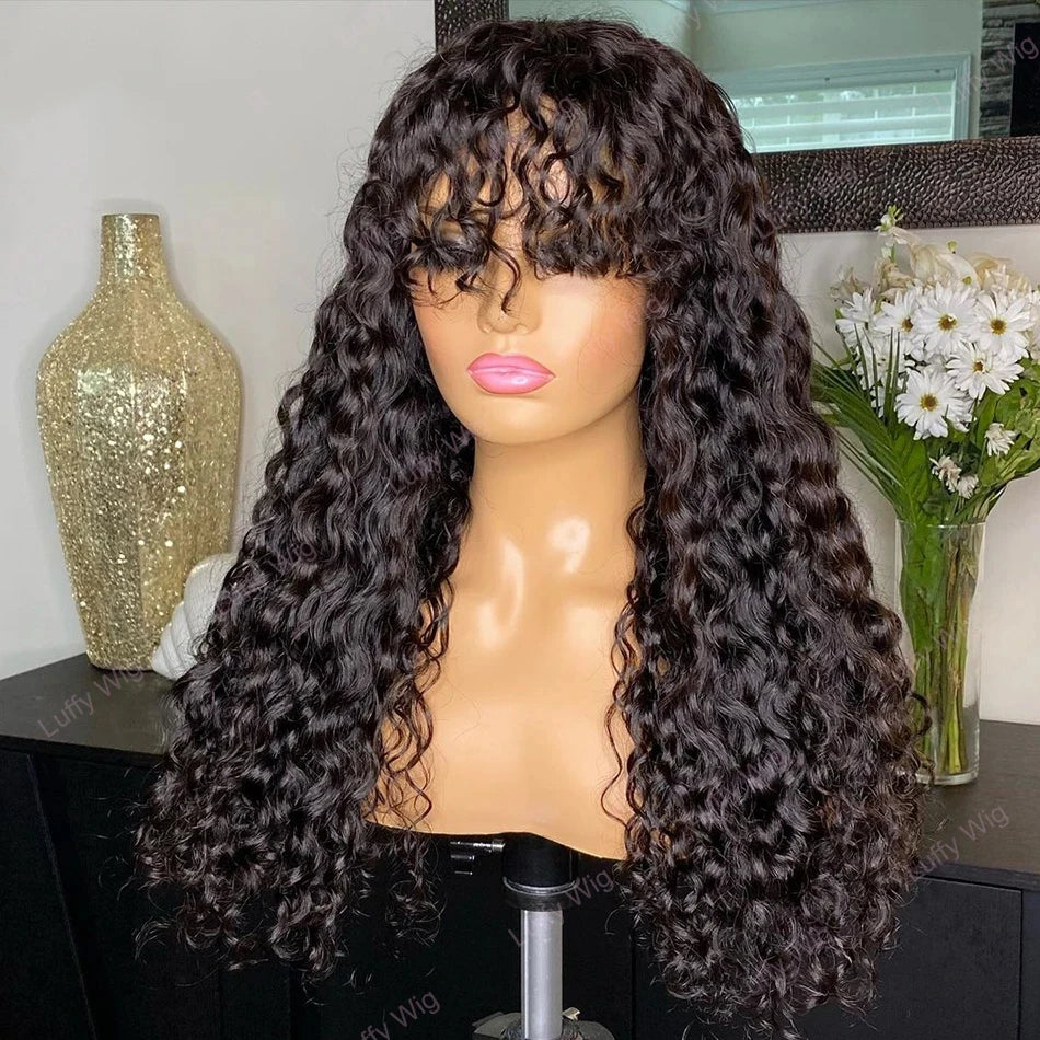 Glueless Water Wave Human Hair Wig With Bangs for Women