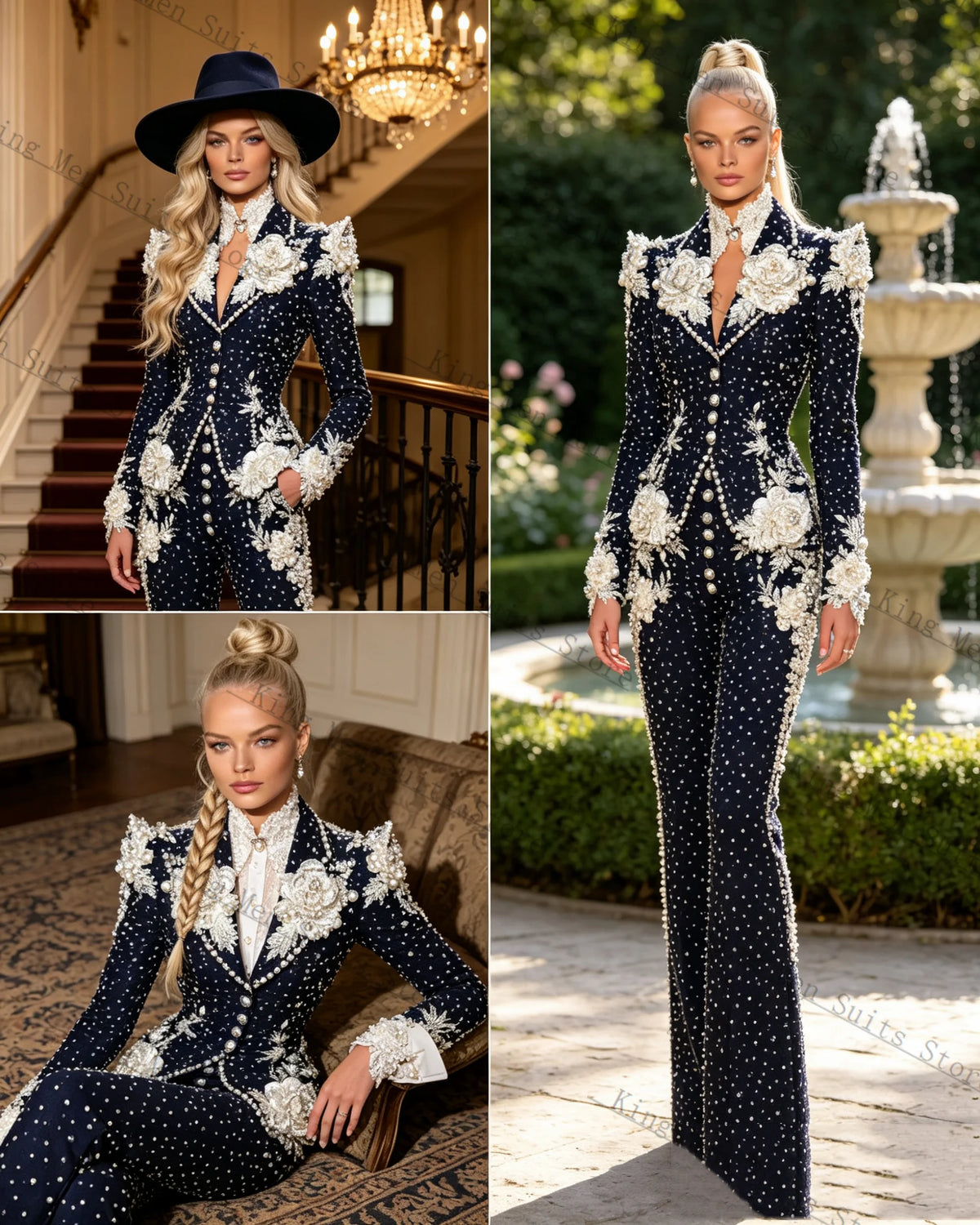 Pearls Formal Women Suits Set 2 Piece Blazer+Pants Trousers 3D Flower Customized Office Lady Jacket Luxury Wedding Prom Coat