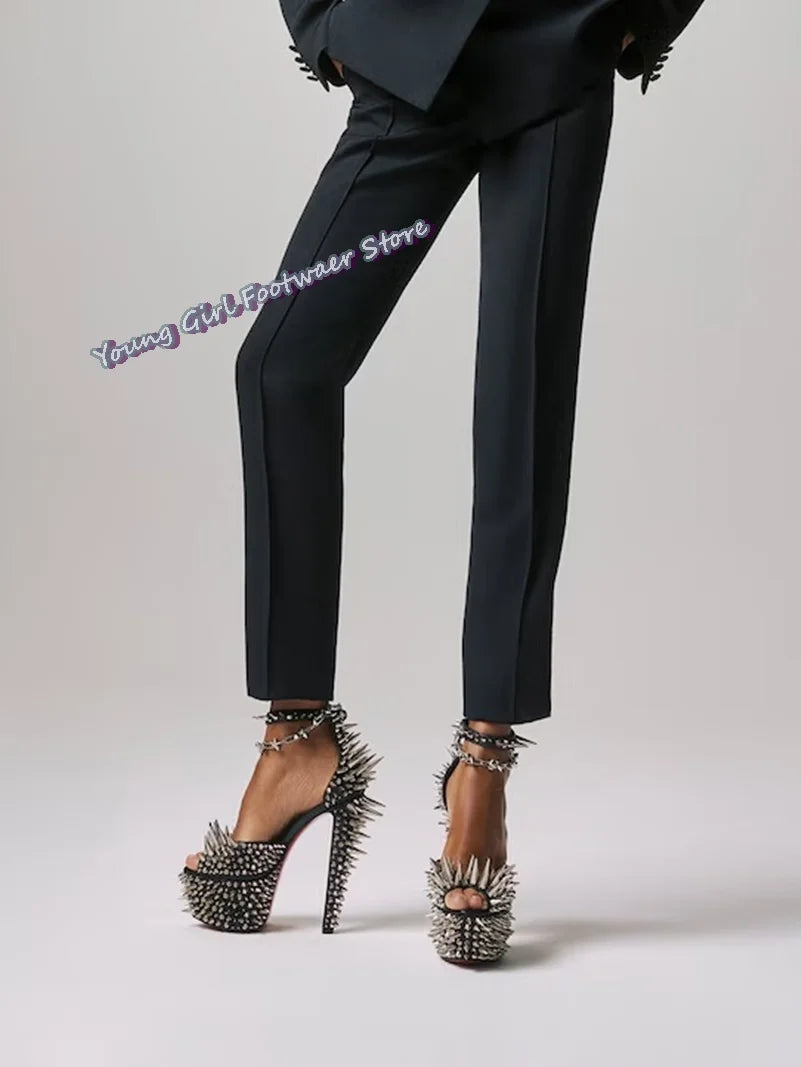 Black Rivet Decorated Spiked Platform Sandals for Women