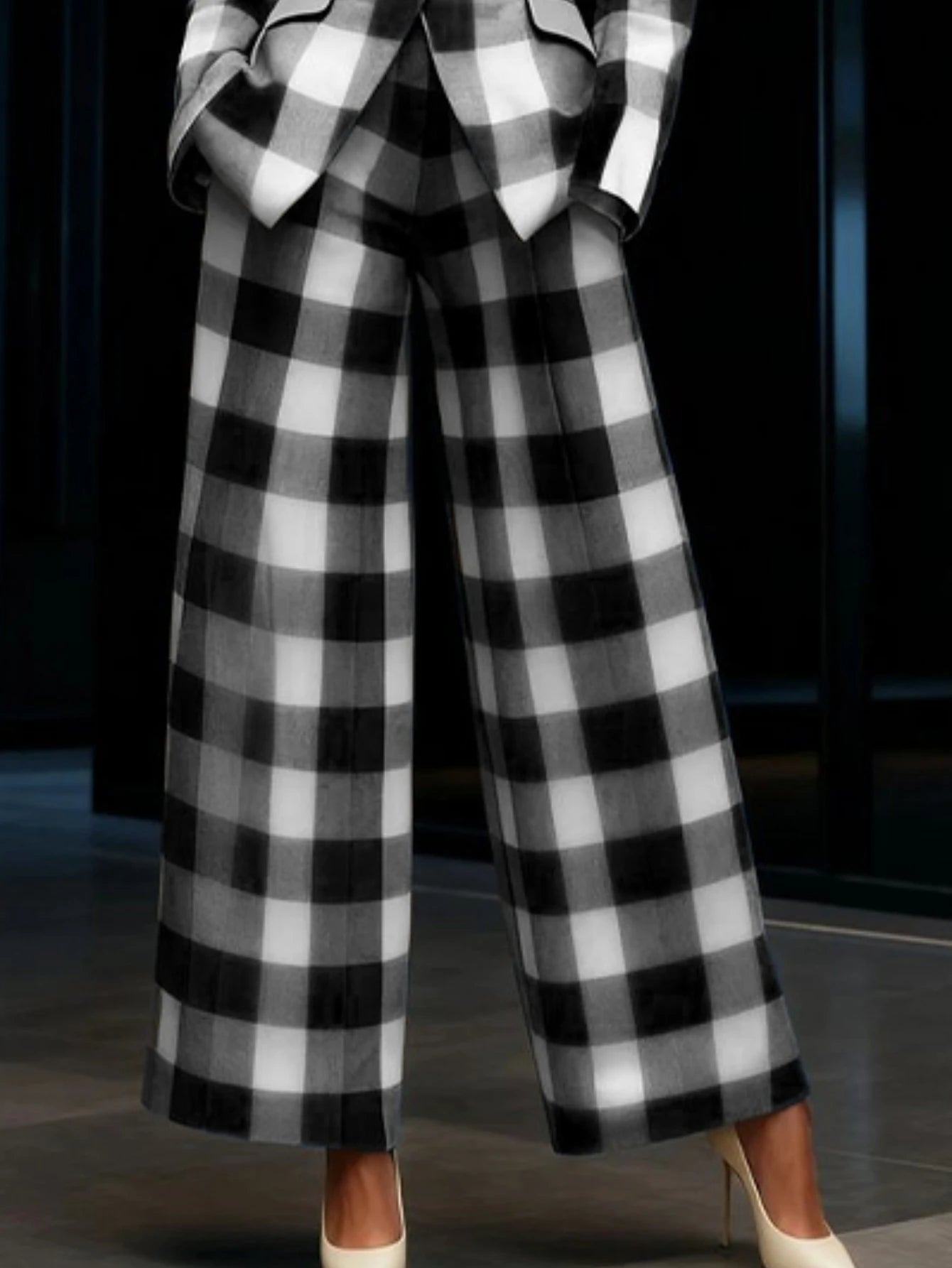 Plaid Print Lapel Single Button Blazer And High Waist Wide Leg Pants Two Piece Formal Business Matching Suit For Women Office Outfit Set