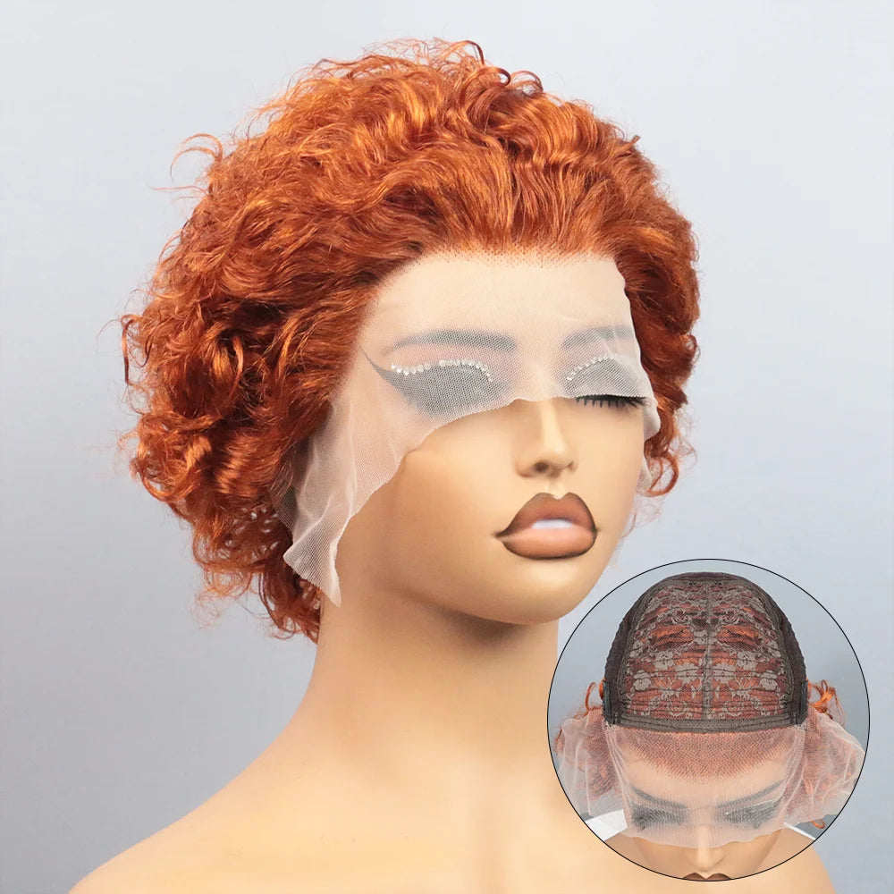 Ginger Pixie Cut Wigs Human Hair Short Curly Lace Front Human Hair Wigs Colored Water Wave Bob Wig 13x1 Transparent Lace Wigs