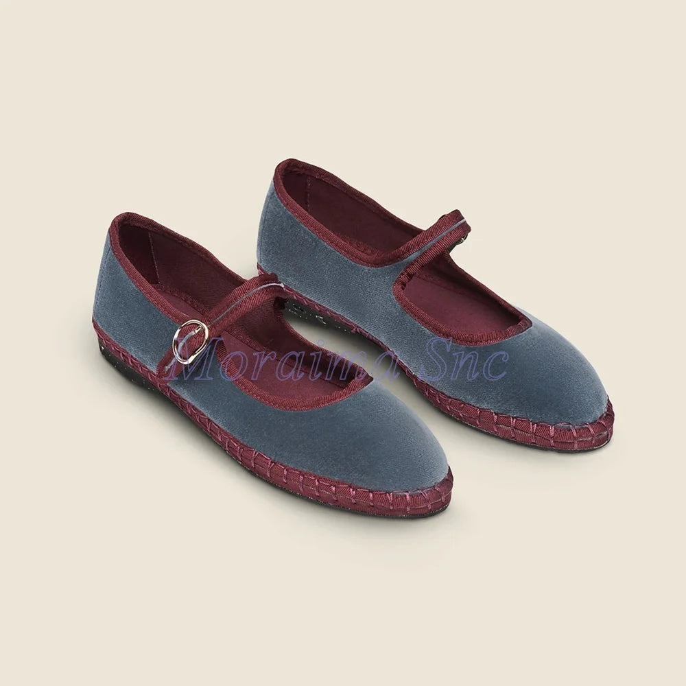 Round Toe Grey Velvet Mary Jane Ballet Flats for Women