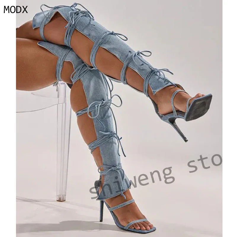 Lace Up Stiletto Pointed Toe Thigh High Boots for Women