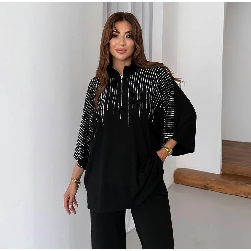 Elegant Casual Sequin Two Piece Top And Pants Set For Women
