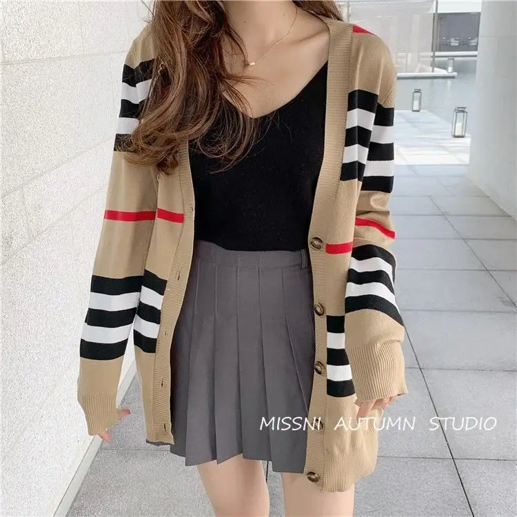 Women's Coat Spring and Autumn Classic Striped Color-block V-neck Mid-length Knitted Cardigan Loose Sweater Coat