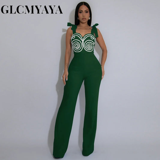 GLCMYAYA Women Geometric Applique Bowknot Shoulder Sleeveless Jumpsuits 2025 Summer Vacation One Piece Set Streetwear Outfits