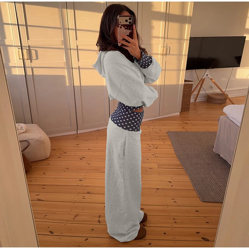 Polka Dot Hooded Zipper Crop Top And Wide Leg Pants For Women