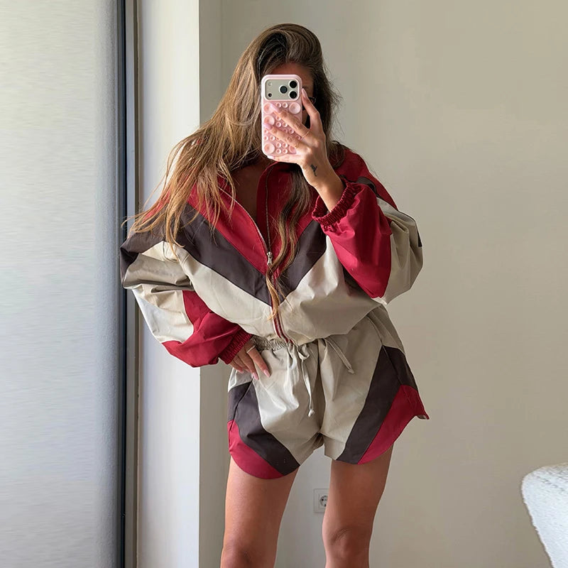 Contrast Color Zip Jacket and Shorts Two Piece Set for Women