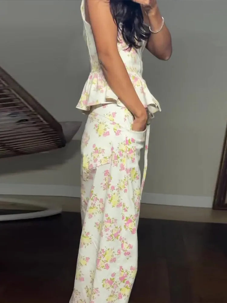 Floral Print Ruffle Wide Leg Pants Two Piece Set For Women