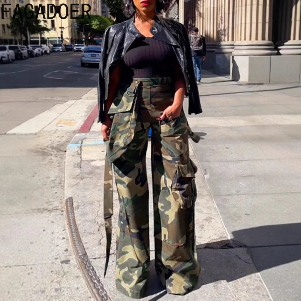 FAGADOER Fashion Camouflage Loose Pants Women High Waist Cargo Pocket Patchwork Pants Female Y2K Streetwear Bottoms 2025 New