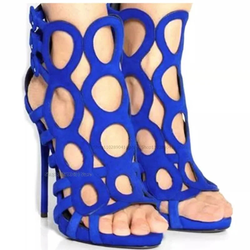 Blue Open Toe Hollow Back Zipper Stiletto Sandals for Women