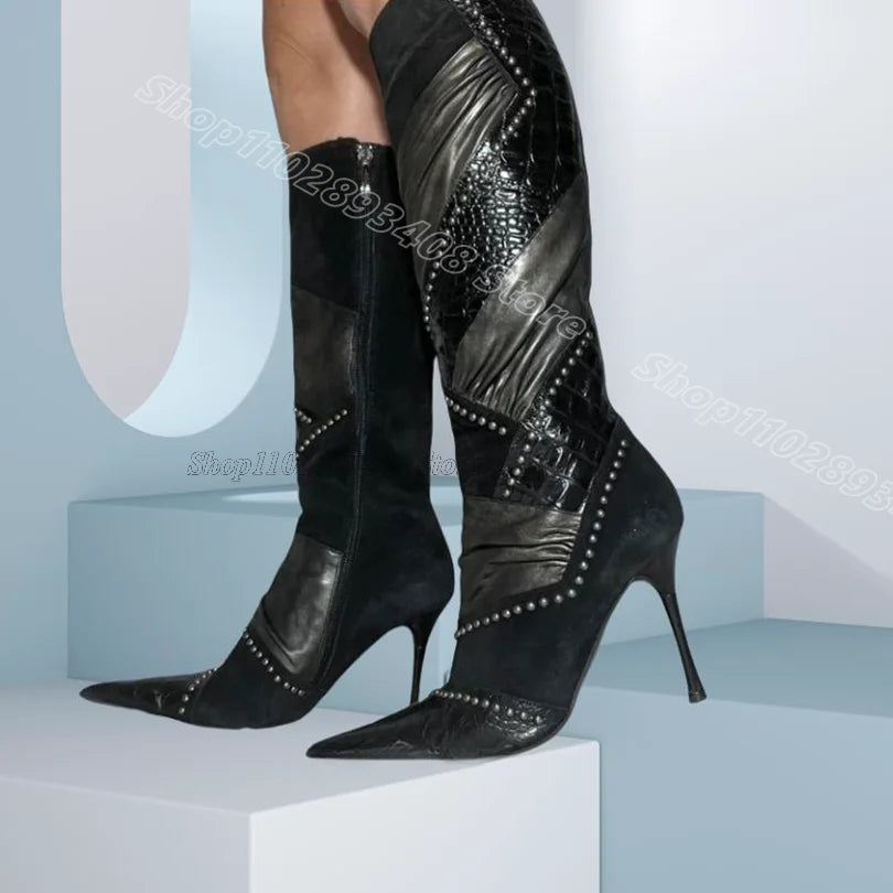 Classic Black Rivet Pointed Toe Leather Boots for Women