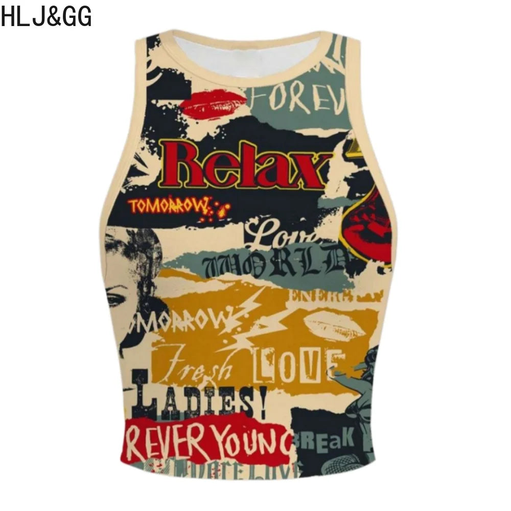 Trendy Letter Print O Neck Sleeveless Two Piece Set for Women