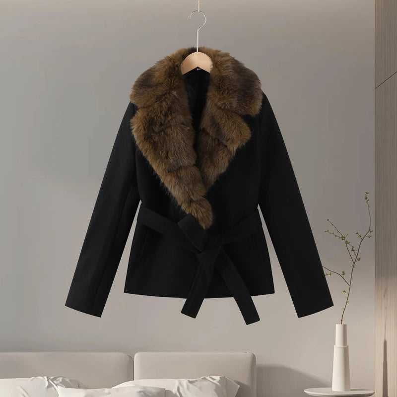 Shawl Faux Fur Coat With Lace Up Belt for Women