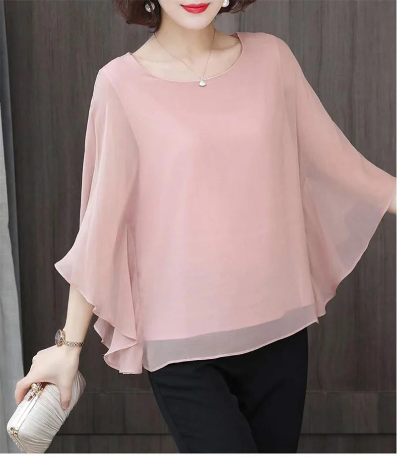 4XL Bat Shirt Summer Women's Loose T-shirt Small Shirt 2025 Spring/Summer Large Wrinkle Resistant And Elegant chiffon Top Green